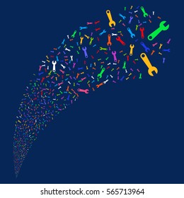 Wrench random source stream. Vector illustration style is flat bright multicolored iconic symbols on a blue background. Object fountain constructed from symbols.