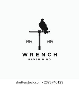 Wrench with raven bird vintage black and white color logo design concept. Vector illustration