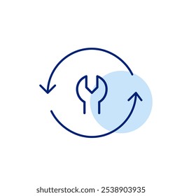Llave en flechas de actualización. Ciclo de reparaciones y proceso de ingeniería. Icono de Vector perfecto de píxeles