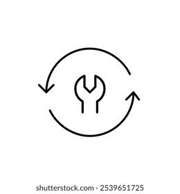 Llave en flechas de actualización. Ciclo de reparaciones y proceso de ingeniería. Icono de trazo perfecto y editable del píxel