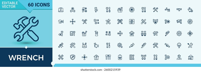 Wrench related icon set. Related to technical, engineer, tool, maintenance, equipment, mechanical, tools and more. Minimalist icons. Work line icon set. Vector line and solid icons. Pixel perfect.