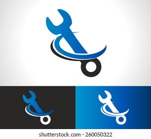 Wrench repair logo icon with swoosh graphic element