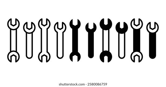 wrench repair tool icon symbol vector design black white outline and black filled flat illustration sets isolated