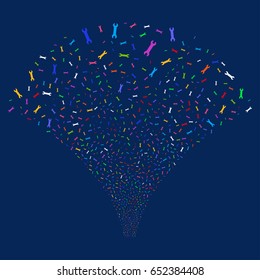 Wrench salute stream. Vector illustration style is flat bright multicolored iconic symbols on a blue background. Object stream fountain combined from random pictograms.
