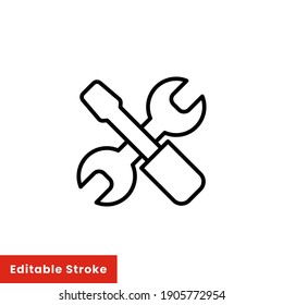 Wrench and scredriver crossed construction tools. Help and support icon. Simple line style for web template and app. Vector illustration design on white background. Editable stroke EPS 10