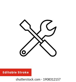 Wrench and scredriver crossed construction tools. Help and support icon. Simple line style for web template and app. Vector illustration design on white background. Editable stroke EPS 10