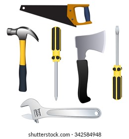 wrench, screwdriver, axe, hammer, saw set. Vector illustration.