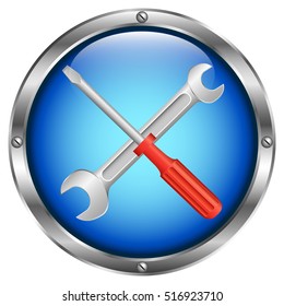  Wrench and screwdriver. Blue glass button with metal borders. Smartphone repair service