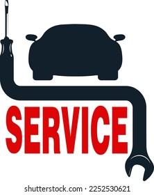 Wrench and screwdriver, car silhouette for business. Repair and service auto sign