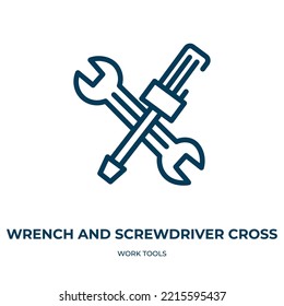 Wrench and screwdriver cross icon. Linear vector illustration from work tools collection. Outline wrench and screwdriver cross icon vector. Thin line symbol for use on web and mobile apps, logo, print