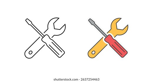 Wrench and screwdriver crossed icon in outline and color styles, vector symbol representing general tools, repair services, maintenance support, or settings configuration.