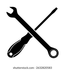Llave inglesa y destornillador cruzó la Ilustración vectorial del icono. Un ícono simple y audaz de una llave inglesa y un destornillador cruzados en forma de X.