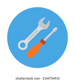 Wrench and Screwdriver flat icon isolated on blue background. Modern Repair and construction  equipment sign symbol in flat style. Working tools Vector illustration for web and mobile design.