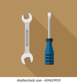 Wrench and Screwdriver in flat style. Tools icons with long shadow.