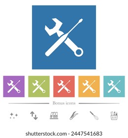 Wrench and screwdriver flat white icons in square backgrounds. 6 bonus icons included.
