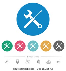 Wrench and screwdriver flat white icons on round color backgrounds. 6 bonus icons included.