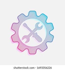 Wrench and screwdriver in gear. Colored logo with diagonal lines and blue-red gradient. Neon graphic, light effect