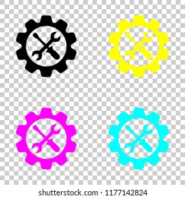 Wrench and screwdriver in gear. Colored set of cmyk icons on transparent background