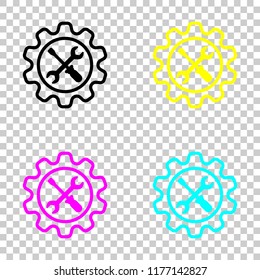 Wrench and screwdriver in gear. Colored set of cmyk icons on transparent background