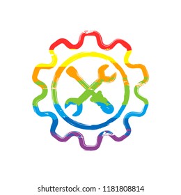 Wrench and screwdriver in gear. Drawing sign with LGBT style, seven colors of rainbow (red, orange, yellow, green, blue, indigo, violet