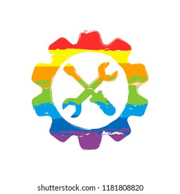 Wrench and screwdriver in gear. Drawing sign with LGBT style, seven colors of rainbow (red, orange, yellow, green, blue, indigo, violet