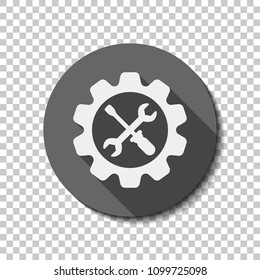 Wrench and screwdriver in gear. flat icon, long shadow, circle, transparent grid. Badge or sticker style