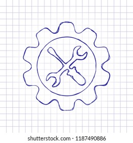 Wrench and screwdriver in gear. Hand drawn picture on paper sheet. Blue ink, outline sketch style. Doodle on checkered background
