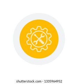 Wrench and screwdriver in gear. Icon in colored circle with gray bold border. Web button, modern flat design