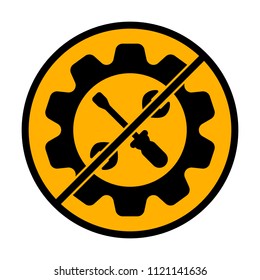 Wrench and screwdriver in gear. not allowed, black object in warning sign with orange background color