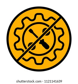 Wrench and screwdriver in gear. not allowed, black object in warning sign with orange background color