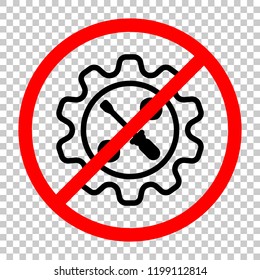 Wrench and screwdriver in gear. Not allowed, black object in red warning sign with transparent background