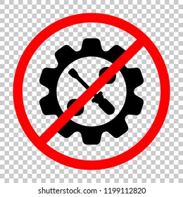 Wrench and screwdriver in gear. Not allowed, black object in red warning sign with transparent background