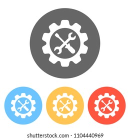 Wrench and screwdriver in gear. Set of white icons on colored circles