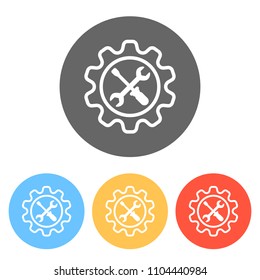 Wrench and screwdriver in gear. Set of white icons on colored circles