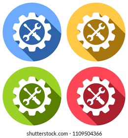 Wrench and screwdriver in gear. Set of white icons with long shadow on blue, orange, green and red colored circles. Sticker style
