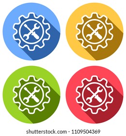 Wrench and screwdriver in gear. Set of white icons with long shadow on blue, orange, green and red colored circles. Sticker style