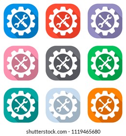 Wrench and screwdriver in gear. Set of white icons on colored squares for applications. Seamless and pattern for poster