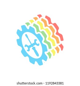 Wrench and screwdriver in gear. Stack of colorful isometric icons on white background