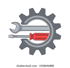 Wrench and screwdriver with gear symbol. Flat style vector illustration.