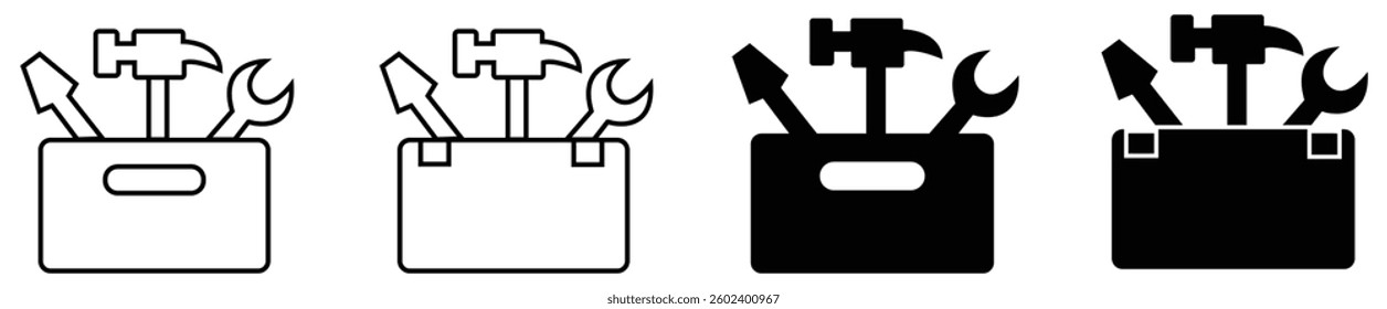 Wrench and screwdriver and hammer in toolbox vector illustration. repair and service icon isolated on white background.  Toolbox icon set with hammer wrench and screwdriver for repair and construction