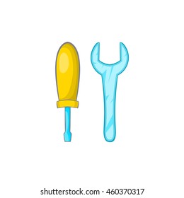 Wrench and screwdriver icon in cartoon style on a white background