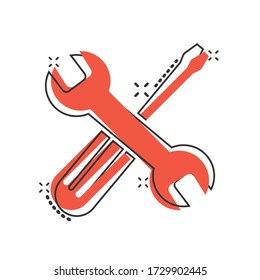 Wrench and screwdriver icon in comic style. Spanner key cartoon vector illustration on white isolated background. Repair equipment splash effect business concept.