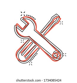 Wrench and screwdriver icon in comic style. Spanner key cartoon vector illustration on white isolated background. Repair equipment splash effect business concept.