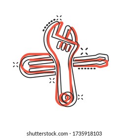 Wrench and screwdriver icon in comic style. Spanner key cartoon vector illustration on white isolated background. Repair equipment splash effect business concept.