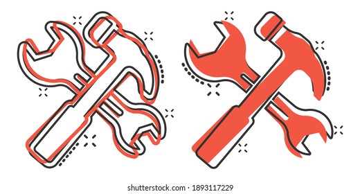 Wrench and screwdriver icon in comic style. Spanner key cartoon vector illustration on white isolated background. Repair equipment splash effect business concept.