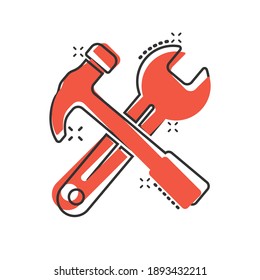 Wrench and screwdriver icon in comic style. Spanner key cartoon vector illustration on white isolated background. Repair equipment splash effect business concept.