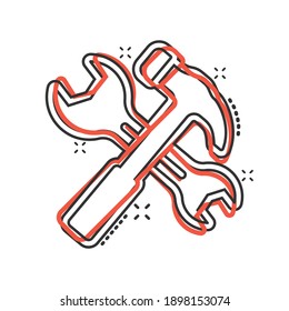 Wrench and screwdriver icon in comic style. Spanner key cartoon vector illustration on white isolated background. Repair equipment splash effect business concept.