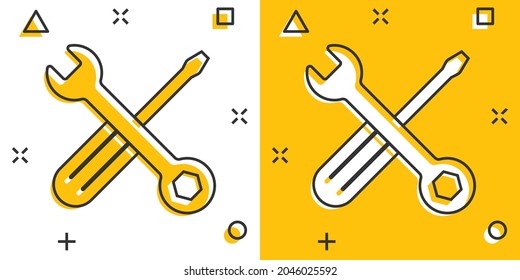 Wrench and screwdriver icon in comic style. Spanner key cartoon vector illustration on white isolated background. Repair equipment splash effect business concept.