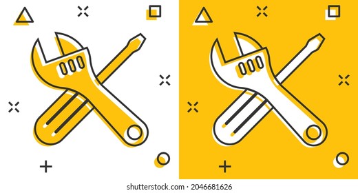 Wrench and screwdriver icon in comic style. Spanner key cartoon vector illustration on white isolated background. Repair equipment splash effect business concept.