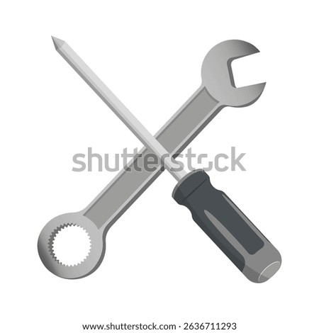 Wrench screwdriver icon. Crossed tool vector. Mechanical repair symbol. Gray hardware shape.